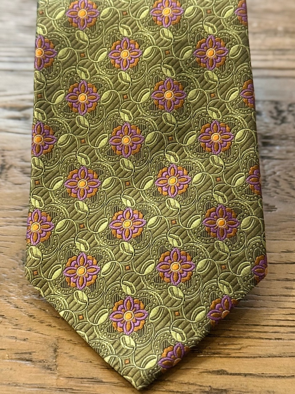 Hickey Freeman Olive Green Silk Tie with Purple and Yellow Floral Medallions